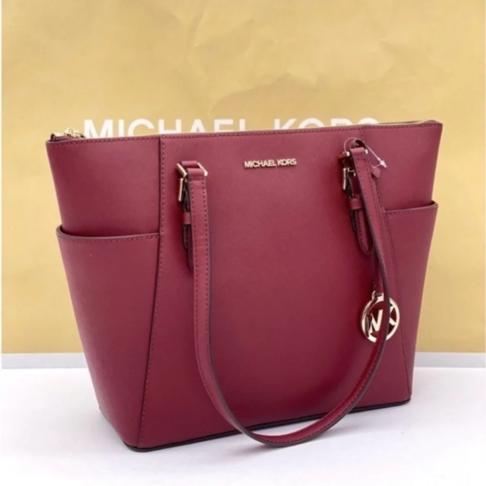 Michael Kors Charlotte Leather Tote Shoulder Bag Dark Cherry